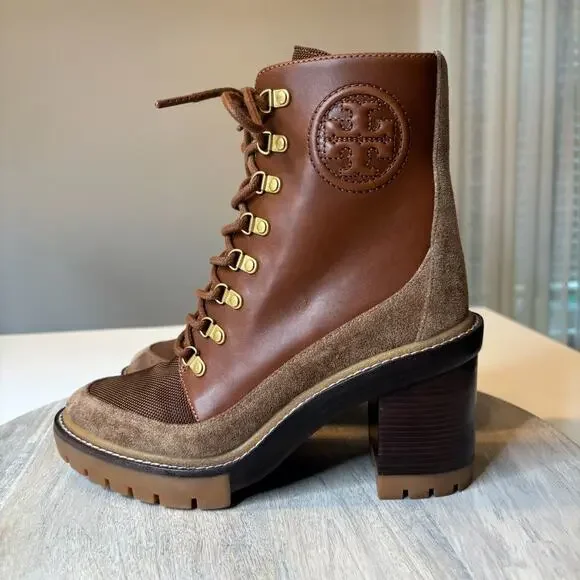Tory Burch Miller Brown Suede Leather Lug Sole Boots Combat Boots US Size 7.5